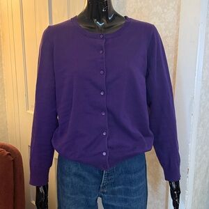 Talbots Pima Cotton Purple Long Sleeve Button Up Crewneck Cardigan Size Large